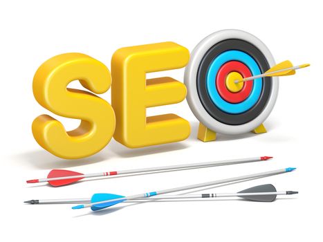 Word SEO with target and arrows 3D render illustration isolated on white background