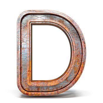Rusty metal font Letter D 3D render illustration isolated on white background