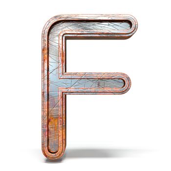 Rusty metal font Letter F 3D render illustration isolated on white background