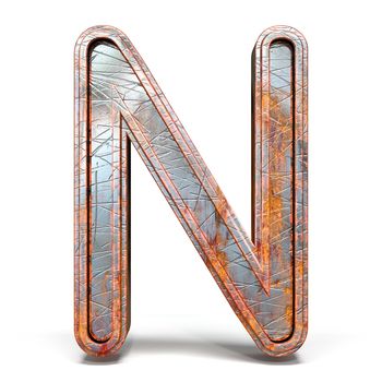 Rusty metal font Letter N 3D render illustration isolated on white background