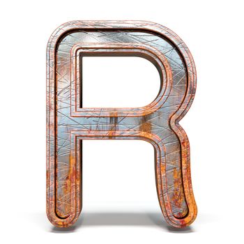 Rusty metal font Letter R 3D render illustration isolated on white background