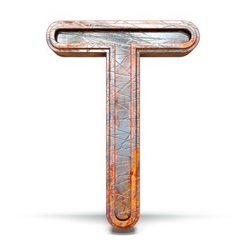 Rusty metal font Letter T 3D render illustration isolated on white background