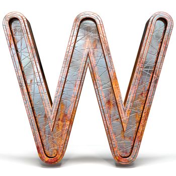 Rusty metal font Letter W 3D render illustration isolated on white background