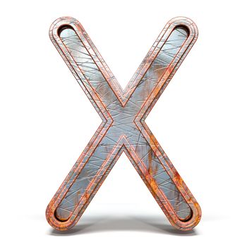 Rusty metal font Letter X 3D render illustration isolated on white background