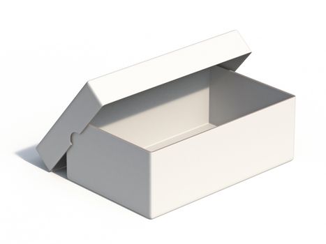 Empty white box with cover side view 3D render illustration isolated on white background