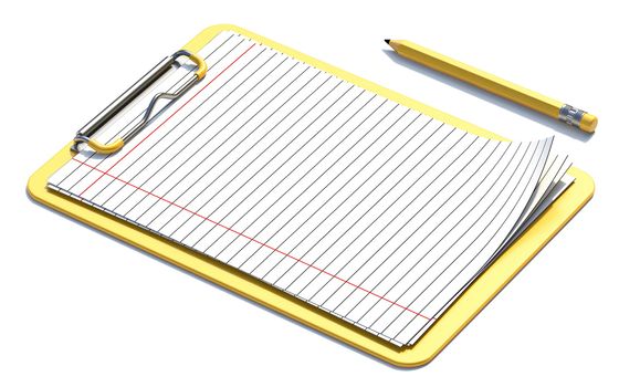 Yellow clipboard, pencil and blank lined paper 3D render illustration isolated on white background