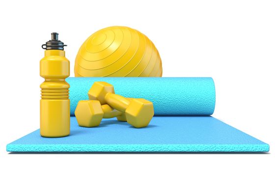 Exercise mat with weights, fitness ball and watter bottle Front 3D rendering illustration isolated on white background