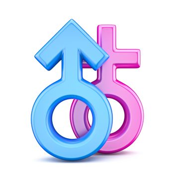 Pink female and blue male sex symbols 3D render illustration isolated on white background