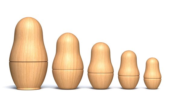 Wooden unpainted matryoshka dolls 3D render illustration isolated on white background