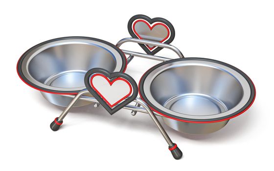 Double pet bowl with hearts Side view 3D render illustration isolated on white background