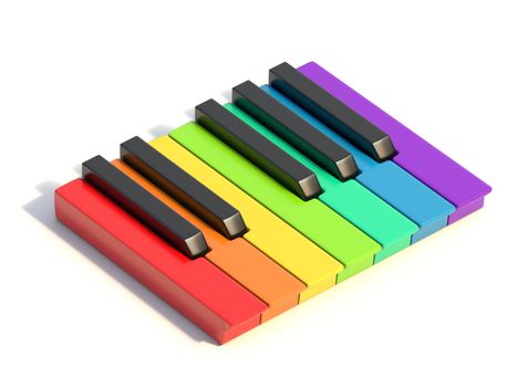 Multi colored piano keys One octave side view 3D render illustration isolated on white background