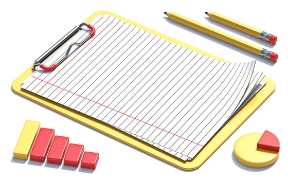 Yellow clipboard, paper, pencils and charts 3D render illustration isolated on white background