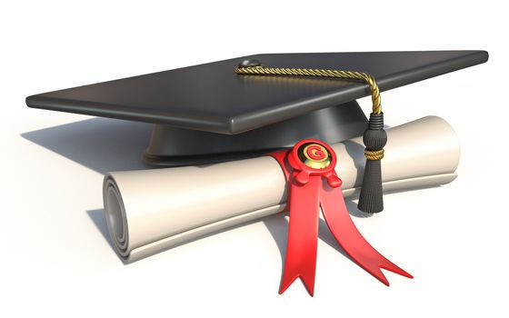 Graduation cap with diploma 3D render illustration isolated on white background