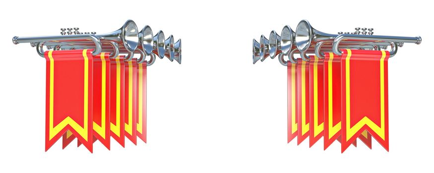 Fanfare ten symmetrical silver trumpets and red flags 3D render illustration isolated on white background