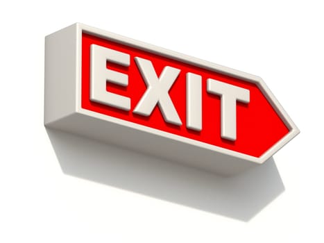 Red EXIT sign on white wall 3D rendering illustration isolated on white background
