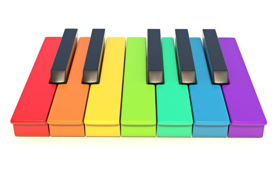Multi colored piano keys One octave front view 3D render illustration isolated on white background