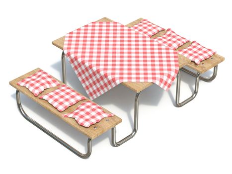 Wooden picnic table with red table cover and pillows 3D render illustration isolated on white background