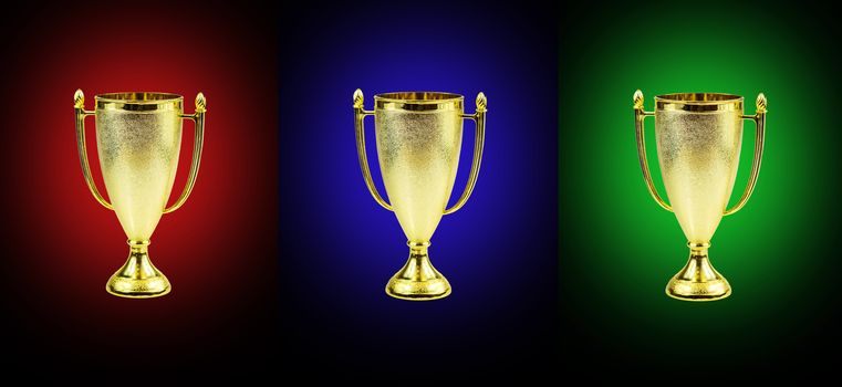 Three golden trophy cups isolated on a red- black, blue-black and green-black backgrounds