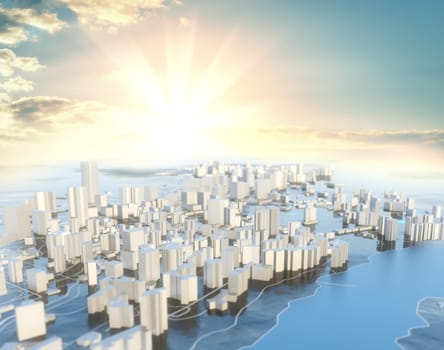 3D illustration. Futuristic City in sunny day. Sky background