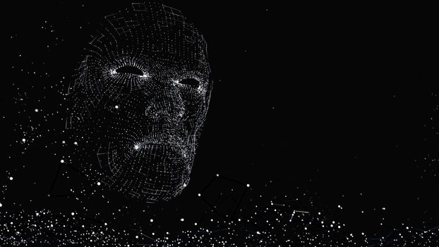 Human face consisting of luminous lines and dots. 3D illustration on a black background