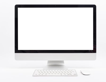 monitor computer retina display, mouse, keyboard and blank screen on white table