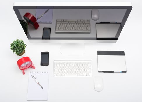 Office monitor computer retina display, mouse, keyboard, mobile phone and blank screen on white table
