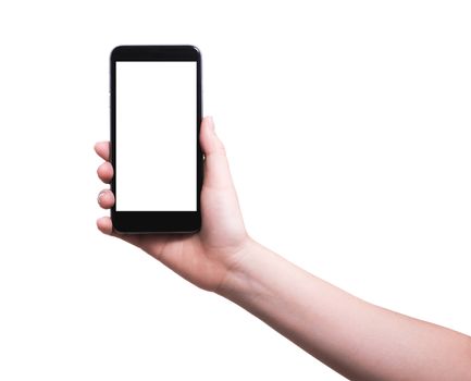 Female woman hand holding modern smartphone mobile with black screen on isolated white background