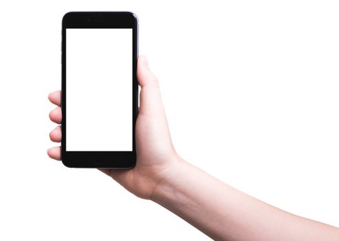 woman hand holding modern smartphone mobile with blank white screen on isolated white background