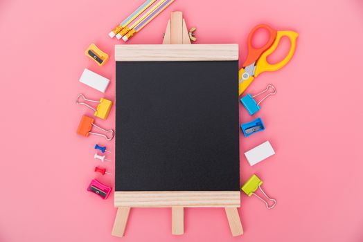 Top view tool set for education children on pink  background, back to school concept