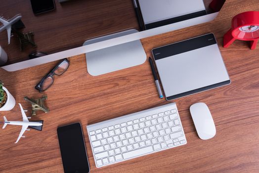 Workspace computer monitor with blank screen on desk office room