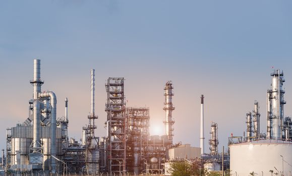 Oil Industry Refinery factory at Sunset, petrochemical plant, Petroleum