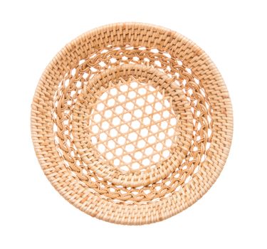Wood basket wicker wooden in handmade top view isolate on over white background