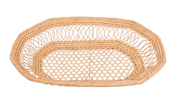 Wood basket wicker wooden in handmade 45 degree view isolate on white background