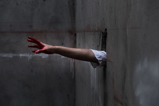 Hand of Ghost woman or Zombie Penetrate wall ,halloween concept