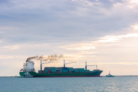 Industrial Container Cargo freight ship with working crane bridge