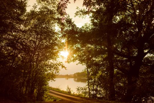 Landscape with forest lake in autumn with sunrays.