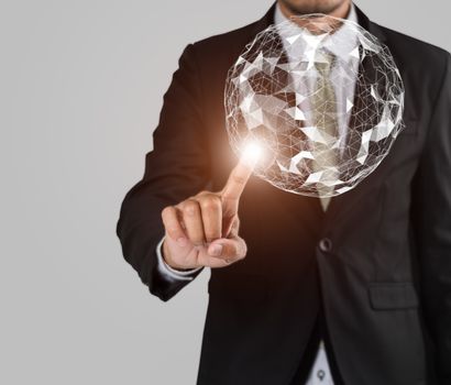 Businessman finger touching map point, international meaning, network connection, with copy space on gray background