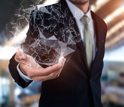 Businessman using flying network interface connection on blurred background
