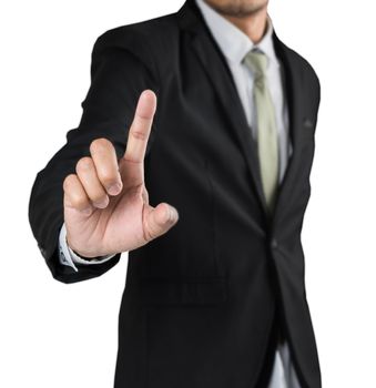 businessman hand pushing blank screen isolate on white background