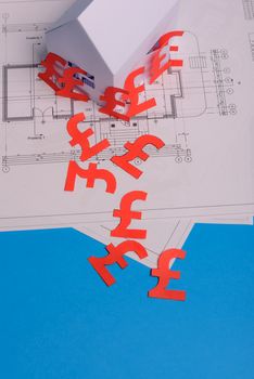 White family paper house , british pound money symbol , house projects plan and blueprints on mint background paper. Minimalistic and simple concept, style. Vertical orientation. View from above. copy space