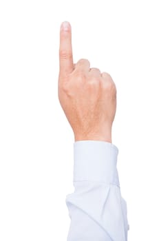 Business man back hand with the index finger pointing up isolate on white background
