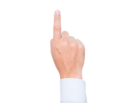 Back Hand of businessman index finger pointing upwards isolated on white background