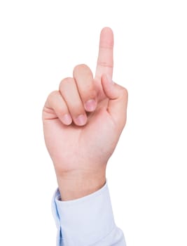 Business man front hand with the index finger pointing up isolate on white background