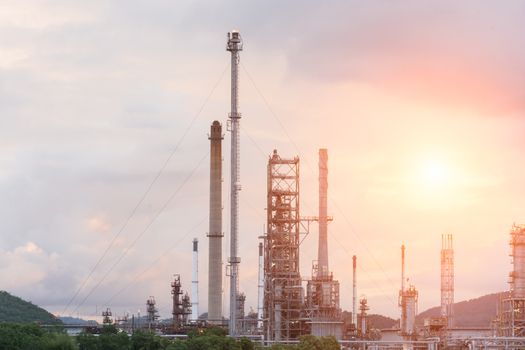 Oil Refinery factory in the morning and Sunrise, Petroleum, petrochemical plant