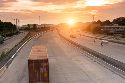 Truck container on road speed delivery concept goto harbor the refinery