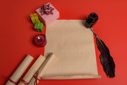 Empty letter for Santa Claus. Copy space. Red background