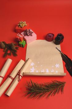 Empty letter for Santa Claus. Copy space. Red background