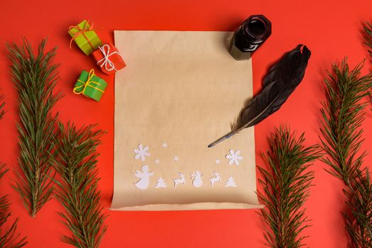 Empty letter for Santa Claus. Copy space. Red background