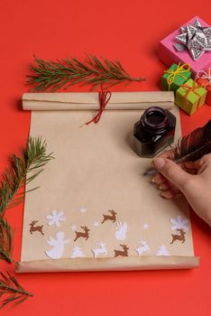 Empty letter for Santa Claus. Copy space. Red background