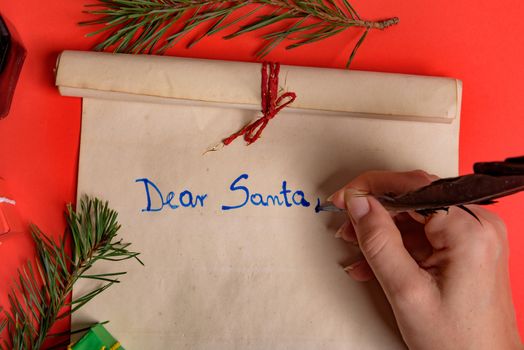 Empty letter for Santa Claus. Copy space. Red background